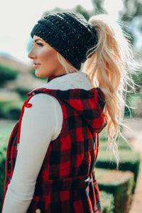 Black speckled rainbow ponytail beanie